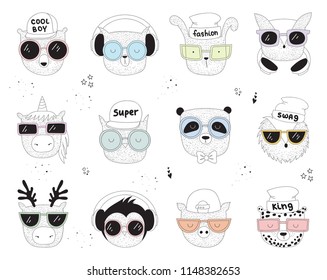 Vector collection of line drawing hipster animals. Doodle illustration. Friendship day, Valentine's, anniversary, birthday, children's or teenager party, notebook decoration