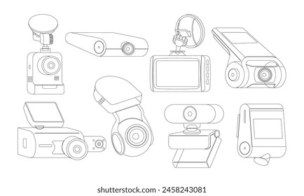 Vector Collection Of Line Icons Of Different Modern Digital Cameras And Recording Devices, Such As Dashcams