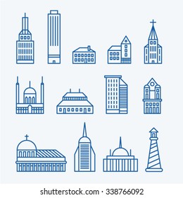 Vector collection of line icons and illustrations with buildings and house.eps