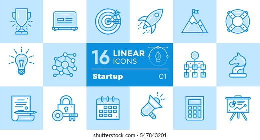 Vector collection of line icons for startup business in blue tone style. Modern outline icons for mobile application and web concepts