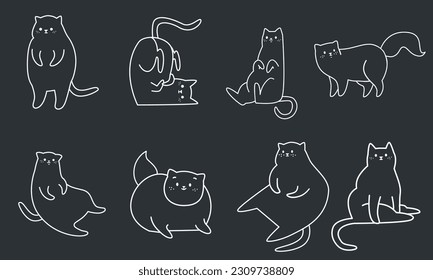 Vector collection of linear cats. Cute black and white cats. 