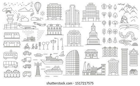 Vector collection of linear icons and illustrations with buildings, houses and architecture signs - design elements for city illustration or map. Transport, buildings, nature.