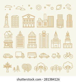 Vector collection of linear icons and illustrations with buildings, houses and architecture signs - design elements for city illustration or map