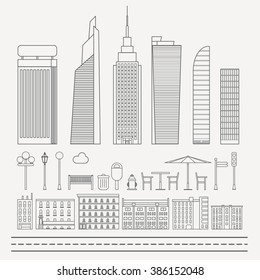 Vector collection of linear icons and illustrations with buildings, houses and architecture signs - design elements for city illustration or map