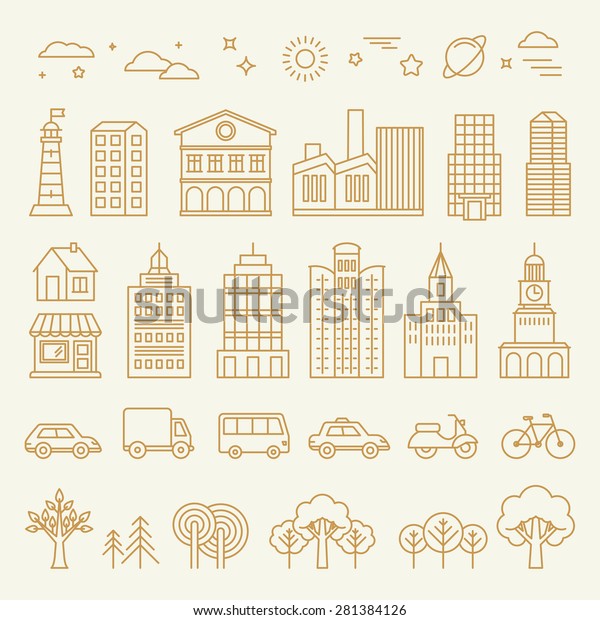 Vector collection of linear icons and illustrations\
with buildings, houses and architecture signs - design elements for\
city illustration or\
map