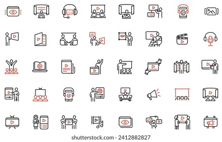 Vector Collection of Linear Icons Related to Video Content Editing, Online Streaming and Media Product. Mono Line Pictograms and Infographics Design Elements - pack 1