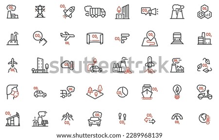Vector Collection of Linear Icons Related to Increasing Environmental pollution. Emission of Carbon Dioxide. Mono Line Pictograms and Infographics Design Elements