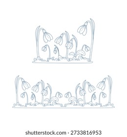 A vector collection of linear snowdrop images. Simple and stylized illustrations.