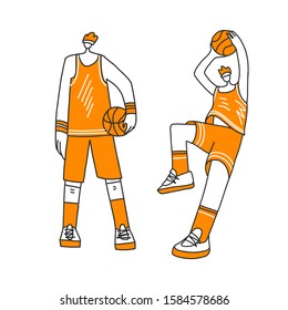 Vector collection of lined doodle and hand draw illustration of basketball players. Man playing in basketball, throwing a ball into basket, playing with ball and standing stright. Professional