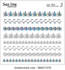 Vector collection of lines, border of sea life theme. Set of doodle, hand drawn elements for design. Seaweeds, coral, leaf, fish, shell. Black, white and gradient color fill 