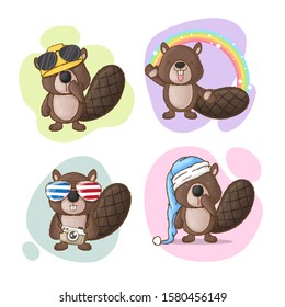 Vector collection of little beavers cartoon illustration for kids. Cute beaver with hat, eyeglasses, and car.  Set of vector brown beaver