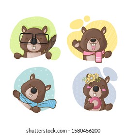 Vector collection of little beavers cartoon illustration for kids. Cute beaver with hat, eyeglasses, and car.  Set of vector brown beaver