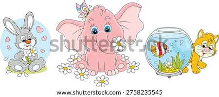 Vector collection of a little elephant and a bunny with flowers, a kitten and an aquarium fish