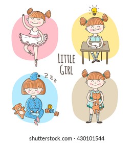 Vector collection of little girl in different situation. Children lifestyle set