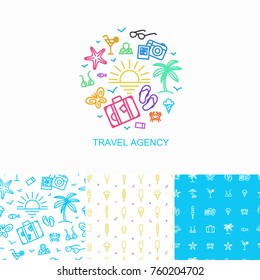 Vector collection of logo design template and seamless patterns - simple symbols of summer vacation made in linear style. Concept for trip, tourism and travel agency.