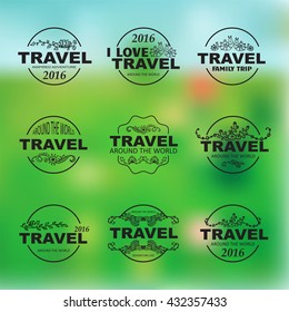 Vector collection of logo, emblem for touristic, travel agency. Good for label family trip, web icon for site. Hand drawn original elements for design: seaweeds, snail, flower, shall, coral, hedgehog