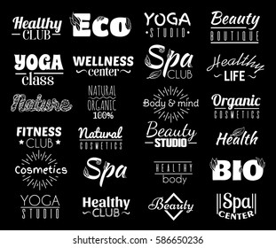 Vector collection of logo and labels, badges for healthy life with decorative elements. Template for card, poster, banner, print for t-shirt, placard, flyer.