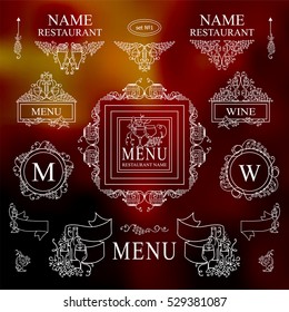 Vector collection of logo, sign, emblem for cafe, restaurant. Good for label, menu, wine card, banners. Hand drawn elements: grapes, bottles of wine, glasses, wave vine. White line sketch 