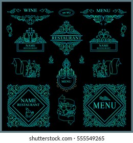 Vector collection of logo, sign, emblem for cafe, restaurant. Good for label, menu, wine card, banners. Hand drawn elements: grapes, bottles of wine, glasses, wave vine. Blue-green color