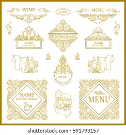 Vector collection of logo, sign, emblem for cafe, restaurant. Good for label, menu, wine card, banners. Hand drawn elements: grapes, bottles of wine, glasses, wave vine. Metal gold color