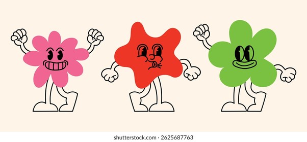 Vector collection of logo templates and graphic symbols for advertising, branding, print posters and online banners, with cheerful cartoon characters, fun mascots, abstract stickers and linear design 