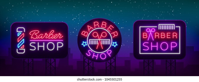 Logos der Vektorkollektion, die Neonschild-Friseur für Ihr Design sind. Für ein Etikett, ein Zeichen, ein Zeichen oder eine Werbung. Hipster Man, Friseur-Logo. Neon-Plakatwand, helles Zeichen, helles Banner. Reklametafel