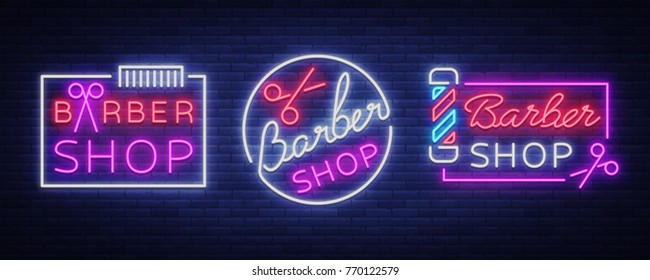 Vector collection logos neon sign barber shop for your design. For a label, a sign, a sign or an advertisement. Hipster Man, Hairdresser Logo. Neon billboard, brightsign, luminous banner