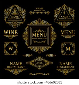 Vector collection of logotypes, logo, sign, emblem for cafe, restaurant. Good for label, menu, wine card, web icon for site. Hand drawn elements for design: vine, grapes, flower, leaves. Premium gold