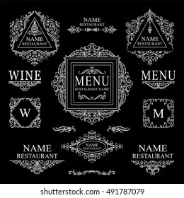 Vector collection of logotypes, logo, sign, emblem for cafe, restaurant. Good for label, menu, wine card, web icon for site. Hand drawn elements for design: vine, grapes, flower, leaves. Chalkboard