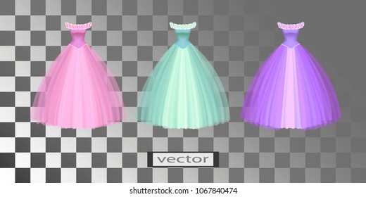 Vector. Collection of long holiday dresses for Princess, long holiday dress of different colors, beautiful fairy tale, ball, prom dresses Quinceanera. Realistic 3D illustrations