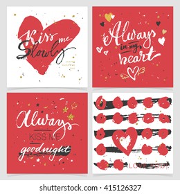 Colección vectorial de afiche de amor o plantilla de tarjetas. Frase caligráfica: Bésame despacio, siempre en mi corazón, Bésame buenas noches. Te quiero.  Fondo abstracto con brillo dorado y salpicaduras.