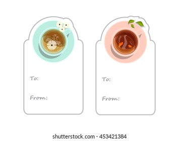 Vector collection of lovely labels with cup of puerh and daisy tea, flowers and leaves on plates. Lay Flat style, template for gift tag, cards, stickers note. Isolated on white 2/3