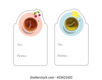 Vector collection of lovely labels with cup of black and green tea, cherry and lemon on plates. Lay Flat style, template for gift tag, cards, stickers note. Isolated on white 1/3 