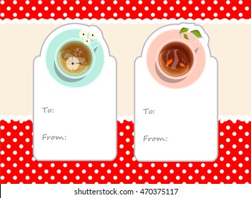 Vector collection of lovely labels with cup of puerh and daisy tea, flowers and leaves on plates. Lay Flat style, template for gift tag, cards, stickers note. Rustic style background 2/3