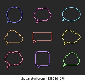 Vector Collection of Luminous Neon Talk Bubbles, Different Shapes Comics Decorative Elements Set Isolated on Dark Background.