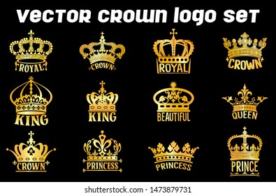 Vector Collection of Luxury Crown Symbol or Logo Element. Set of Gold Luxurious Crown Logo. 