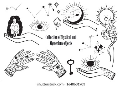 Vector collection of magic and occultism Mystical and Mysterious objects, hand, constellations, snake, key, eye, Space objects. Minimalistic objects made in the style of one line. 