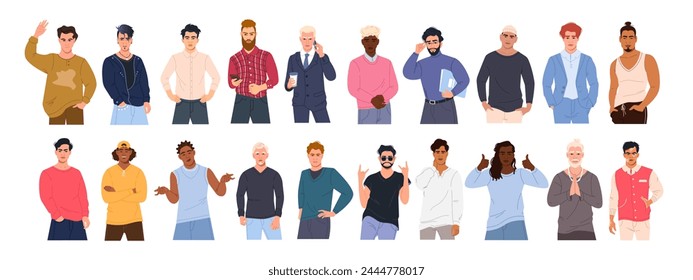 Vector collection of male characters in different poses on a white background. A group of multinational men from different cultures in a fashionable flat style. Beautiful guys