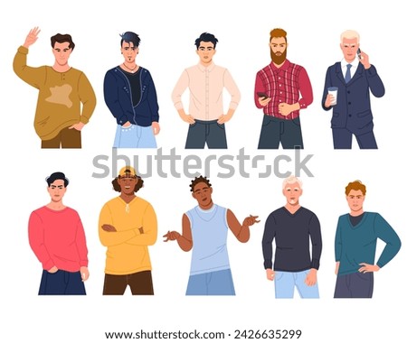 Vector collection of male characters. A group of diverse multinational men in a fashionable flat design style. Vector illustration isolated on a white background