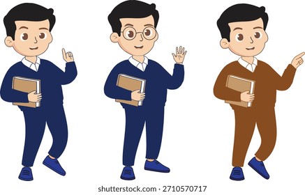 Vector Colección de Educadores Masculinos. Conjunto de personajes de profesor o profesor profesional de dibujos animados que presenta diferentes poses: sostener un libro de texto, señalar con el dedo para hacer énfasis y saludar.