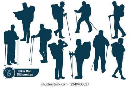 Vector collection of male hiker in mountains silhouettes in different poses