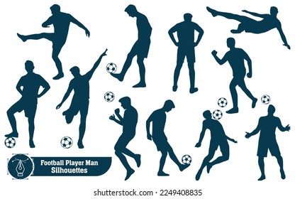 Colección vectorial de hombres jugando al fútbol o a las siluetas de fútbol en diferentes poses