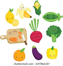 a vector collection of many cute fruits and vegetable  