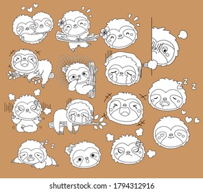 a vector collection of many emotions of sloth in black and white colour