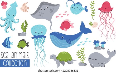 Vector collection of marine animals. Octopus, squid, whale, fish, seaweed, stingray, jellyfish, deep sea oyster, rocks, shells. 