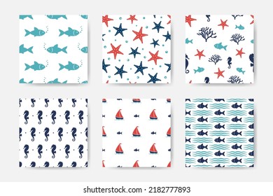 Colección vectorial de patrones marinos sin soldadura con peces, peces estrella, corales y caballitos de mar