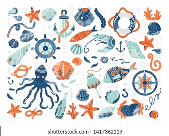 Vector collection of marine symbols and creatures. Seaside life concept. Hand drawn illustration in scandinavian style. Invitation cards, accessories design elements. Isolated on white. 