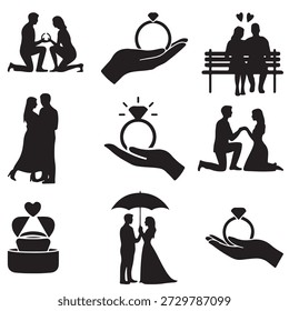 Vector colección de las siluetas de las propuestas matrimoniales. Conjunto de iconos negros que muestran al hombre arrodillado con anillo, anillos de diamantes en caja y parejas de boda románticas.
