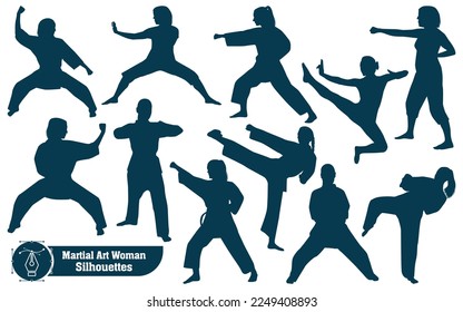 Vector collection of martial art woman silhouettes in different poses