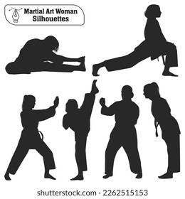 Vector collection of martial art woman silhouettes in different poses